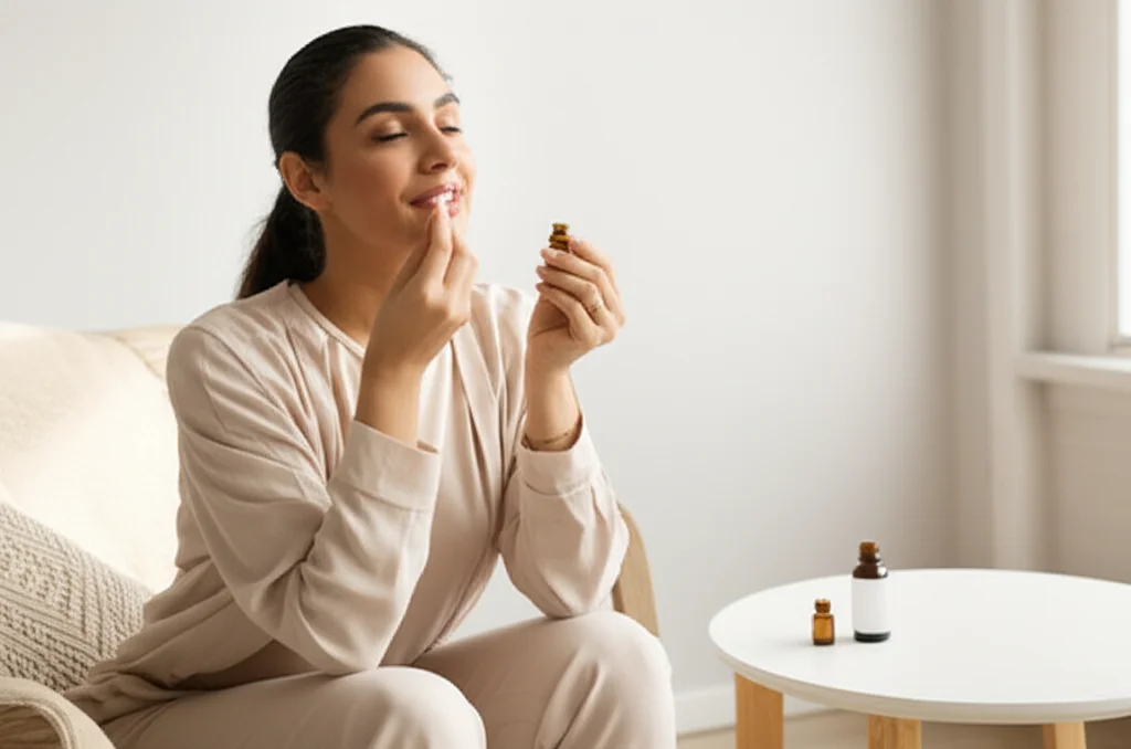 Una donna dall'aspetto rilassato, seduta comodamente in una stanza luminosa e tranquilla, inala da un batuffolo di cotone tenuto vicino al naso. Accanto a lei, una piccola boccetta scura di olio essenziale. Prime lens 50mm, depth of field, luce naturale controllata.