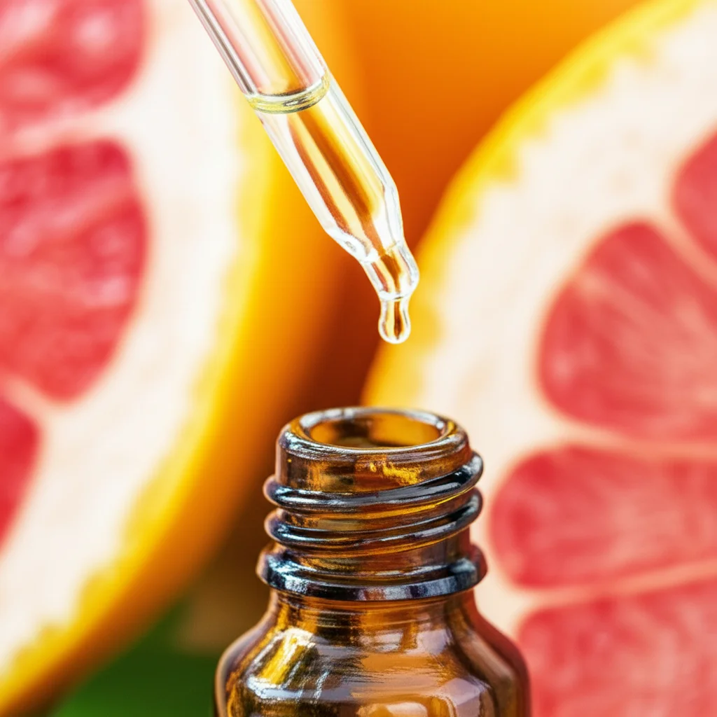 Immagine macro di gocce trasparenti di olio essenziale che cadono da un contagocce in una piccola boccetta ambrata. Sullo sfondo sfocato, fette fresche di pompelmo rosa e bergamotto. Macro lens 100mm, high detail, precise focusing, controlled lighting.