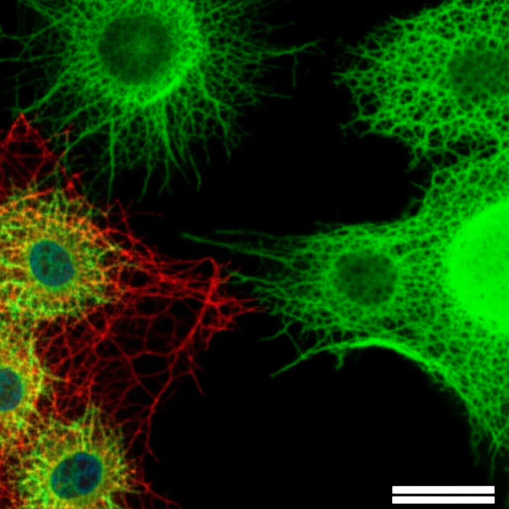Visualizzazione al microscopio a fluorescenza di cellule NSCLC. Si evidenziano in verde brillante i marcatori dell'autofagia (LC3B) e in rosso i nuclei cellulari (DAPI) dopo trattamento con CBD ed Etoposide. Alta risoluzione, contrasto elevato, immagine scientifica.