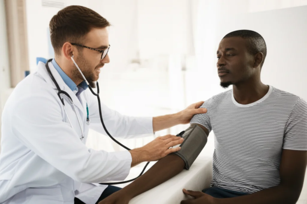 Fotografia di un medico che misura la pressione sanguigna a un paziente anziano africano in una clinica ben illuminata ma semplice. Obiettivo prime 50mm, profondità di campo media che mostra alcuni dettagli della clinica sullo sfondo, espressione seria ma empatica del medico. Luce naturale laterale.