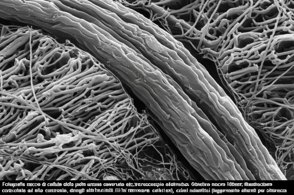 Fotografia macro di cellule della pelle umana osservate al microscopio elettronico. Obiettivo macro 100mm, illuminazione controllata ad alto contrasto, dettagli ultra-nitidi delle strutture cellulari, colori scientifici (leggermente alterati per chiarezza).