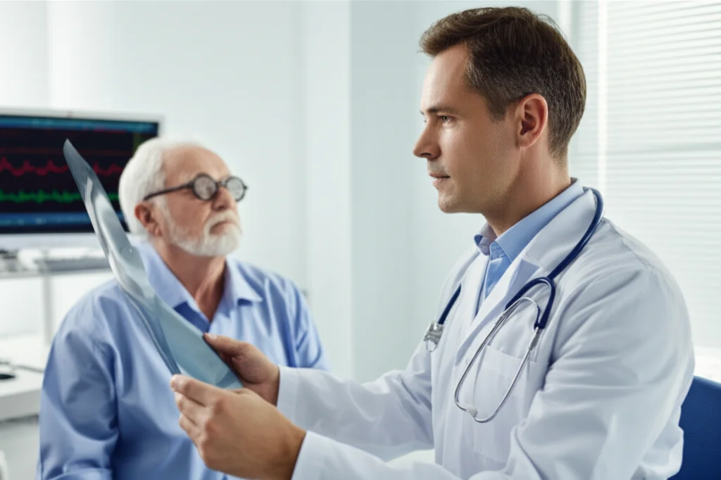 Medico in camice bianco che esamina attentamente una radiografia polmonare, probabilmente di un paziente anziano, in una stanza d'ospedale. Sullo sfondo, monitor con parametri vitali. Luce clinica ma concentrata sulla radiografia. Lente prime 35mm, profondità di campo.