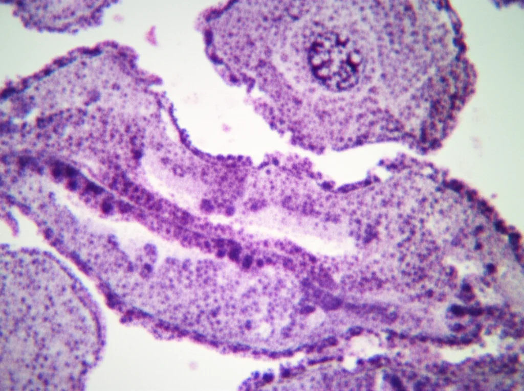 Primo piano macro di cellule epatiche infiammate, visualizzate al microscopio, con dettagli precisi e illuminazione controllata, obiettivo macro 100mm, per illustrare il concetto di infiammazione nel fegato grasso.