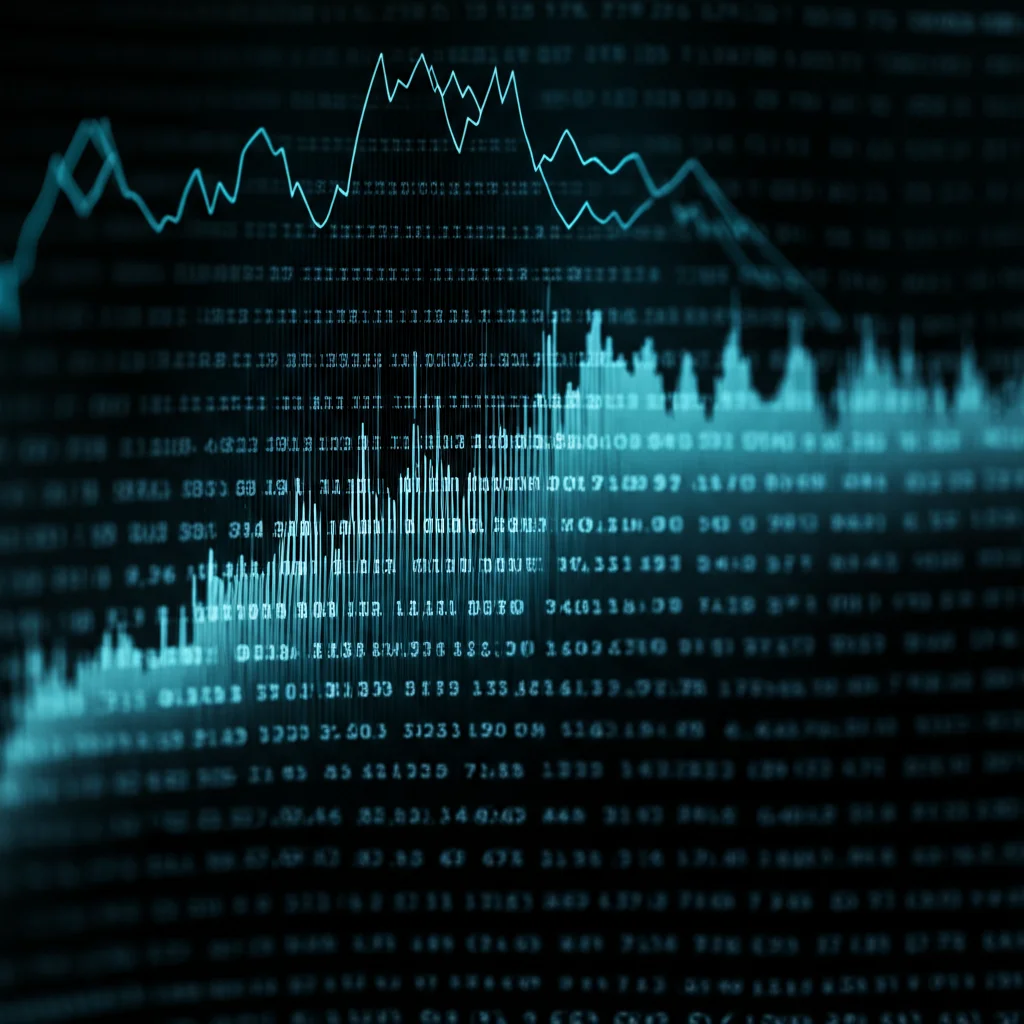 Visualizzazione astratta di dati ambientali incerti, con grafici sfocati e numeri fluttuanti che rappresentano l'indeterminatezza, illuminazione controllata, obiettivo macro 80mm, alta definizione, messa a fuoco precisa su alcuni punti dati.