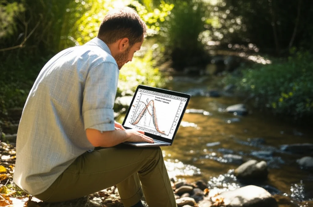 Scienziato ambientale che analizza grafici complessi su un computer portatile in un ambiente esterno naturale (foresta o fiume), mostrando curve di distribuzione NGoD applicate a dati reali, obiettivo prime 35mm, profondità di campo, luce naturale filtrata.