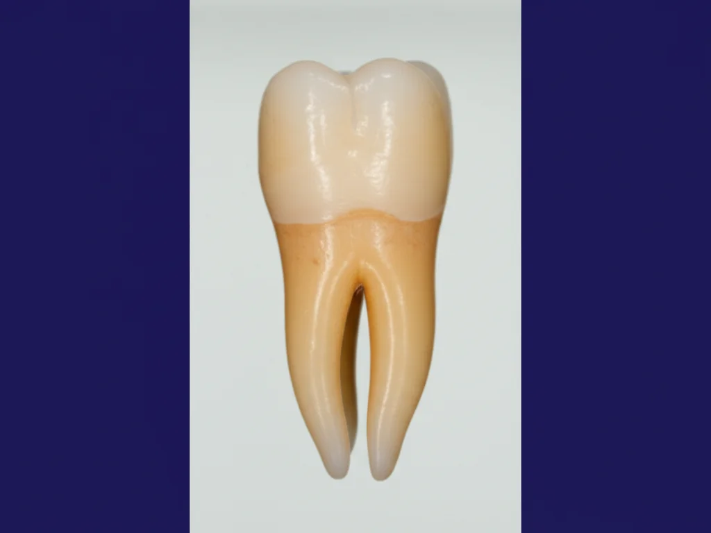 Primo piano macro di un molare mandibolare estratto, posizionato su un banco da laboratorio odontoiatrico preclinico. Luce controllata, alta definizione dei dettagli delle radici. Obiettivo macro 100mm.