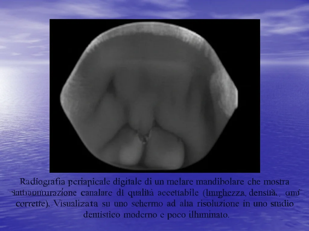 Radiografia periapicale digitale di un molare mandibolare che mostra un'otturazione canalare di qualità accettabile (lunghezza, densità, conicità corrette). Visualizzata su uno schermo ad alta risoluzione in uno studio dentistico moderno e poco illuminato.