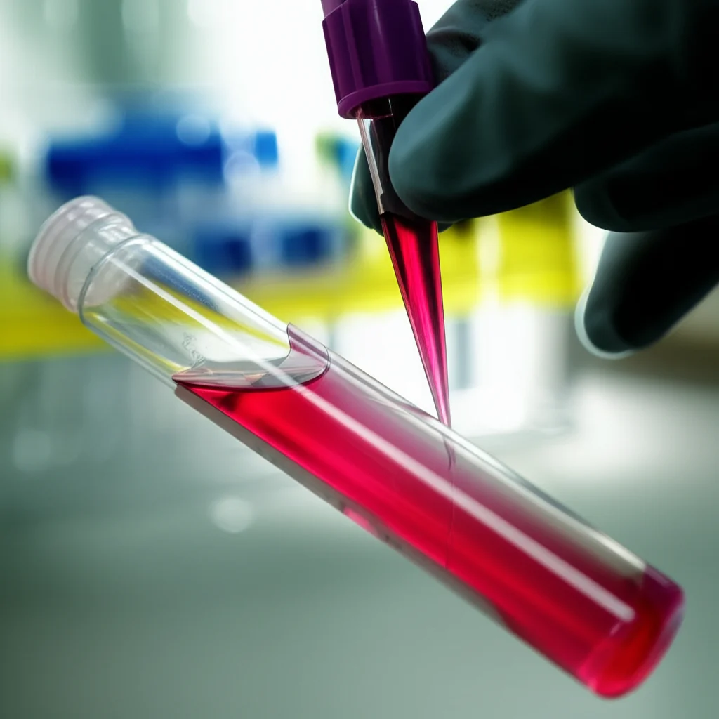 Primo piano di una provetta di sangue neonatale in un laboratorio di analisi cliniche, luce controllata, obiettivo macro 100mm, alta definizione dei dettagli del plasma separato.