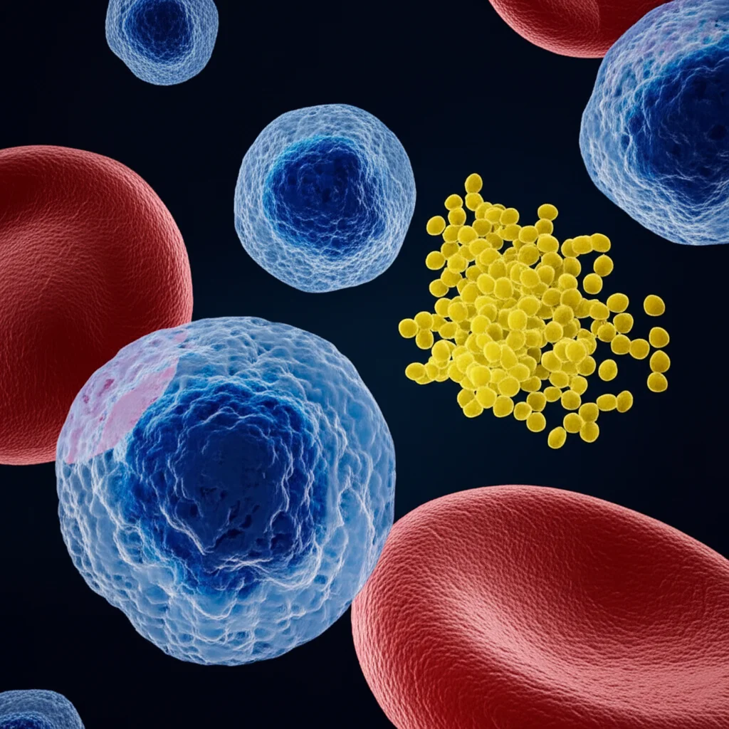 Visualizzazione astratta e stilizzata di globuli rossi sani e globuli rossi emolizzati (lisi), accanto a molecole stilizzate di vitamina B12 e folato, illuminazione drammatica, focus preciso, obiettivo macro 60mm.