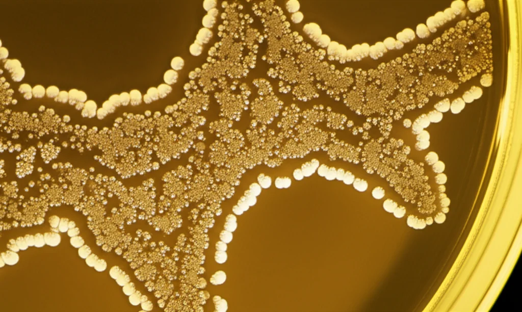 Microfotografia ad alta risoluzione di colonie batteriche di Thermoanaerobacter kivui su una piastra di Petri con terreno Gelrite, illuminazione controllata da laboratorio, obiettivo macro 100mm, messa a fuoco precisa sui bordi delle colonie.