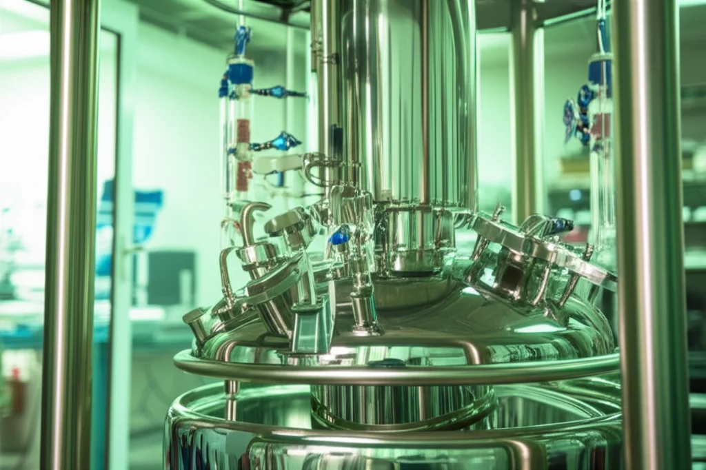 Fotografia di un moderno bioreattore in acciaio inox in un laboratorio di biotecnologia, con tubi e sensori visibili, luce ambientale controllata, leggero effetto bokeh sullo sfondo, obiettivo 50mm.