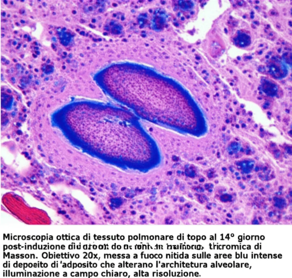 Microscopia ottica di tessuto polmonare di topo al 14° giorno post-induzione di fibrosi con bleomicina, colorazione tricromica di Masson. Obiettivo 20x, messa a fuoco nitida sulle aree blu intense di deposito di collagene che alterano l'architettura alveolare, illuminazione a campo chiaro, alta risoluzione.