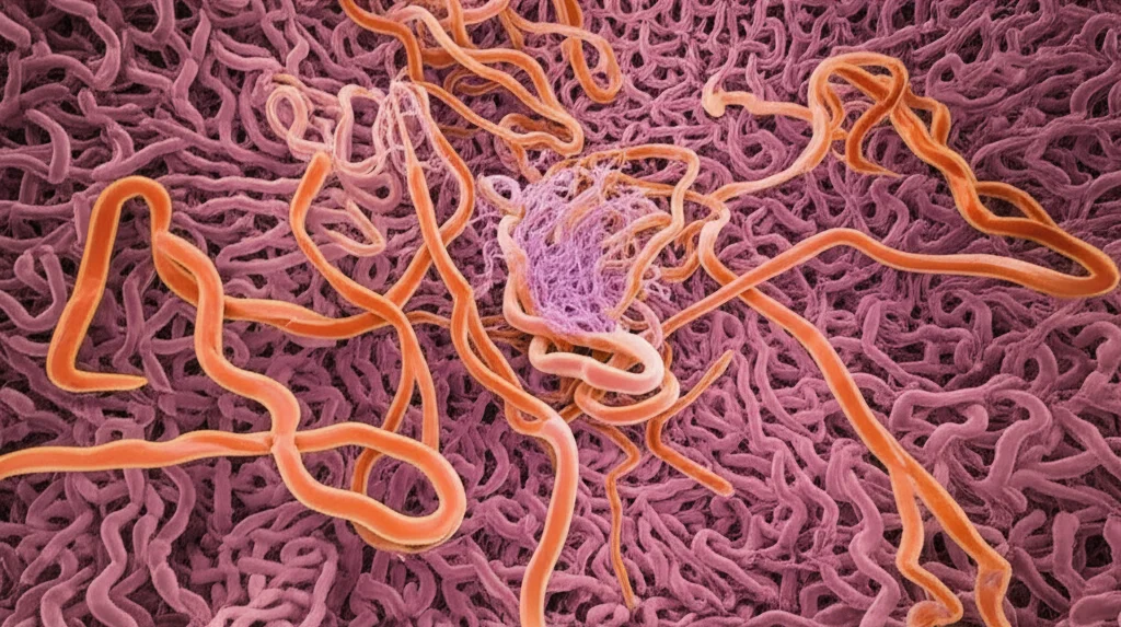 Illustrazione 3D fotorealistica di un reticolo endoplasmatico stressato all'interno di una cellula polmonare, obiettivo simulato ad alto ingrandimento tipo microscopio elettronico, dettagli delle membrane dilatate e proteine mal ripiegate (rappresentate come forme aggrovigliate), illuminazione soffusa interna alla cellula per creare atmosfera drammatica.