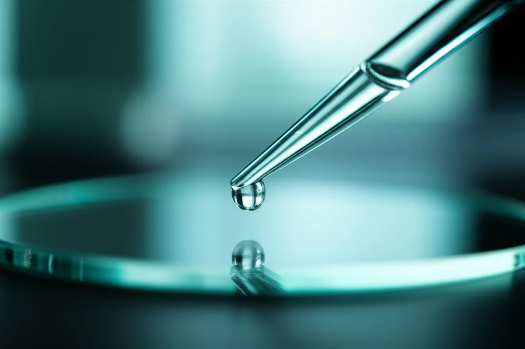 Fotografia macro di una pipetta che rilascia una goccia di liquido trasparente (simulante il liquido interstiziale) su un vetrino da microscopio, obiettivo macro 100mm, alta definizione, messa a fuoco precisa sulla goccia, sfondo sfocato di laboratorio scientifico, illuminazione controllata per evidenziare la trasparenza e la purezza del campione.