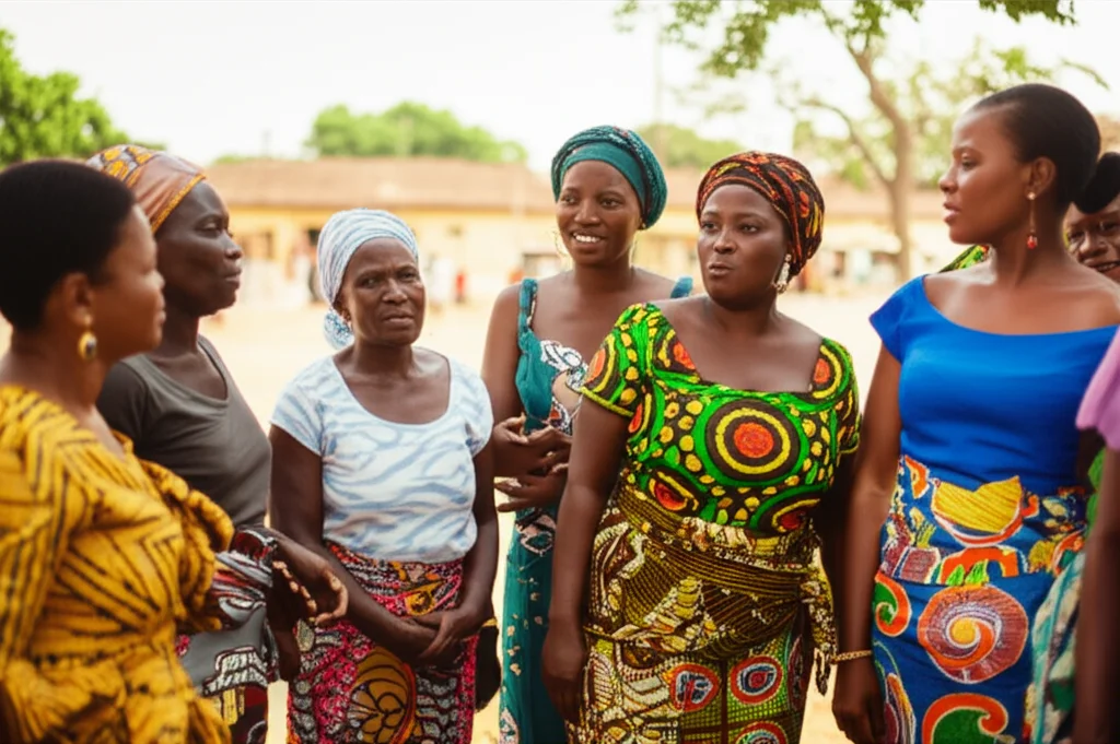 Fotografia di ritratto di un gruppo di donne ghanesi in un contesto comunitario, che discutono animatamente. Obiettivo prime 35mm, profondità di campo ridotta per focalizzare sui volti espressivi, luce naturale morbida.