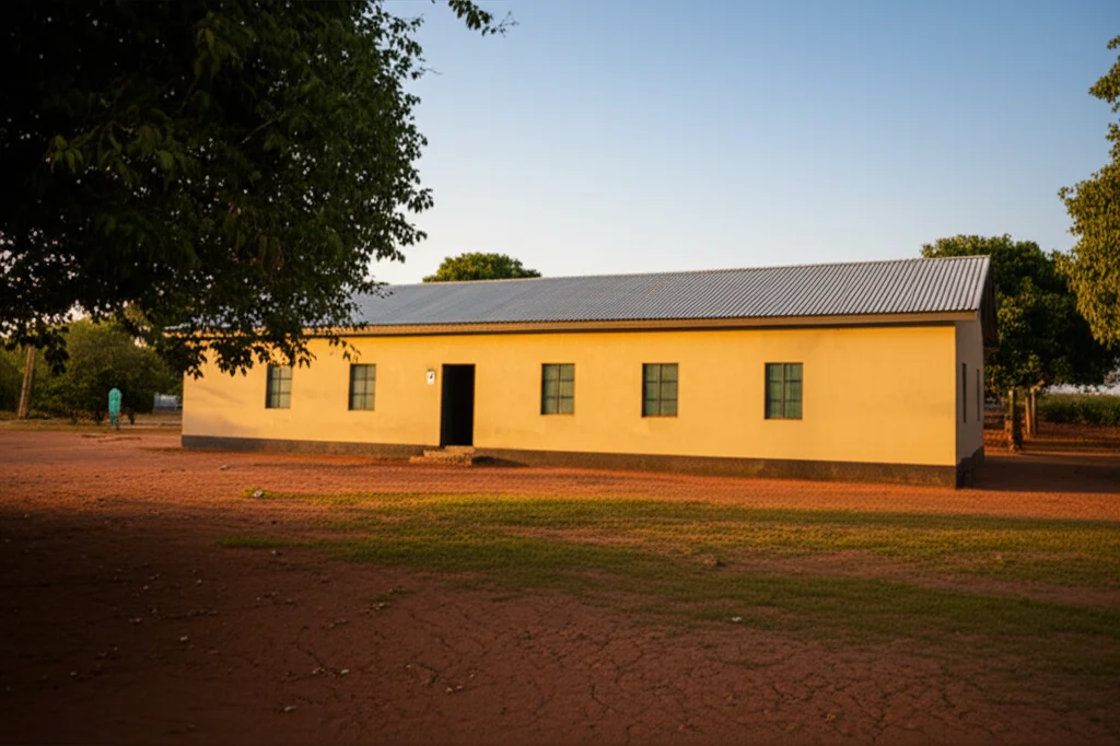 Fotografia grandangolare di un paesaggio rurale nella regione settentrionale del Ghana, che mostra una clinica sanitaria di base o un punto di accesso ai servizi. Obiettivo grandangolare 20mm, luce del tardo pomeriggio, focus nitido sull'edificio e l'ambiente circostante per dare contesto.