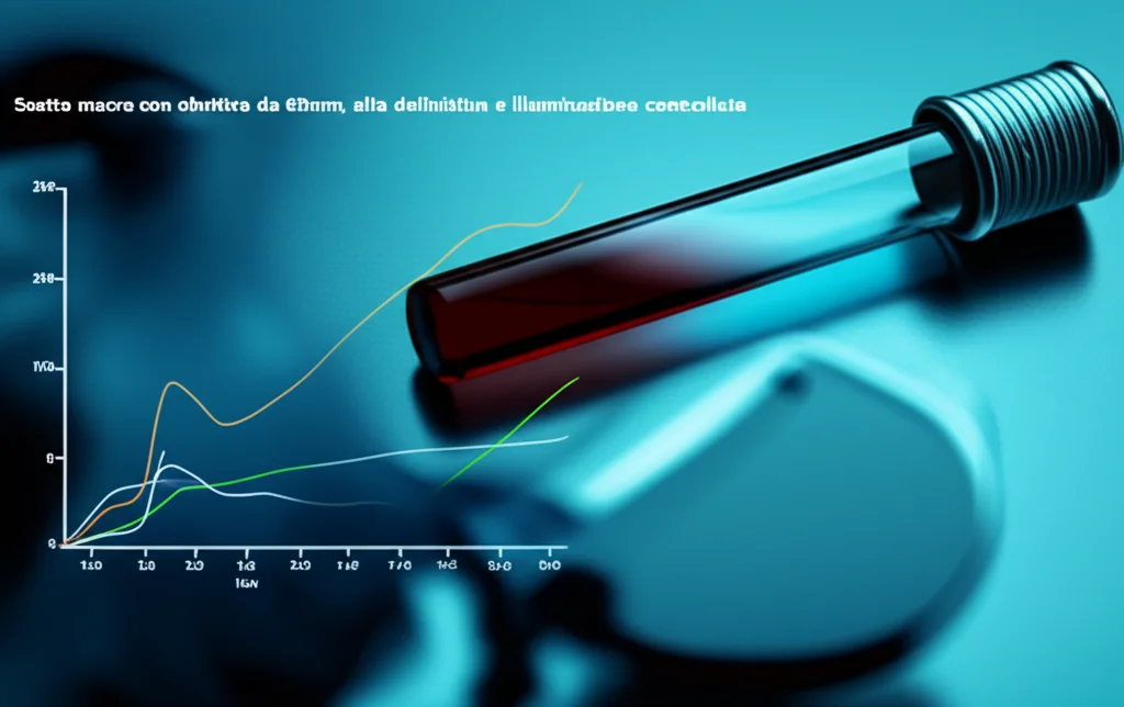 Scatto macro con obiettivo da 60mm, alta definizione e illuminazione controllata, che mostra una provetta con un campione di sangue accanto a un grafico stilizzato che illustra l'evoluzione di una malattia nel tempo, rappresentando l'analisi longitudinale dei dati di laboratorio e clinici dei pazienti UCTD.