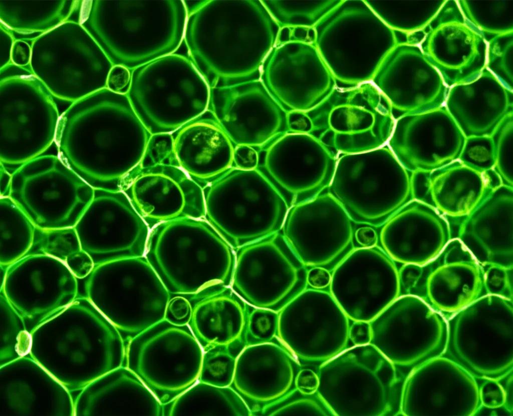 Immagine macro fotorealistica di cellule vegetali di radice di Arabidopsis thaliana illuminate da CarboTag-AF488, che mostra le pareti cellulari fluorescenti in verde brillante. Obiettivo macro 100mm, alta definizione, illuminazione controllata, focus preciso sulla struttura della parete.