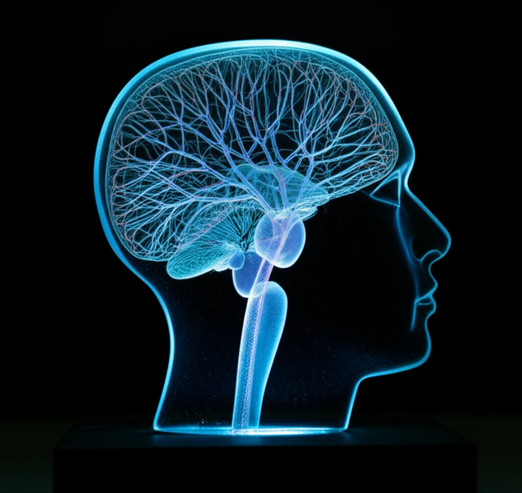 Fotografia macro ad alta definizione di un modello 3D trasparente del sistema venoso cerebrale stampato in resina, illuminato per mostrare dettagli interni, con linee di flusso simulate digitalmente sovrapposte. Obiettivo macro 100mm, illuminazione controllata e precisa, sfondo scuro per enfatizzare il modello.