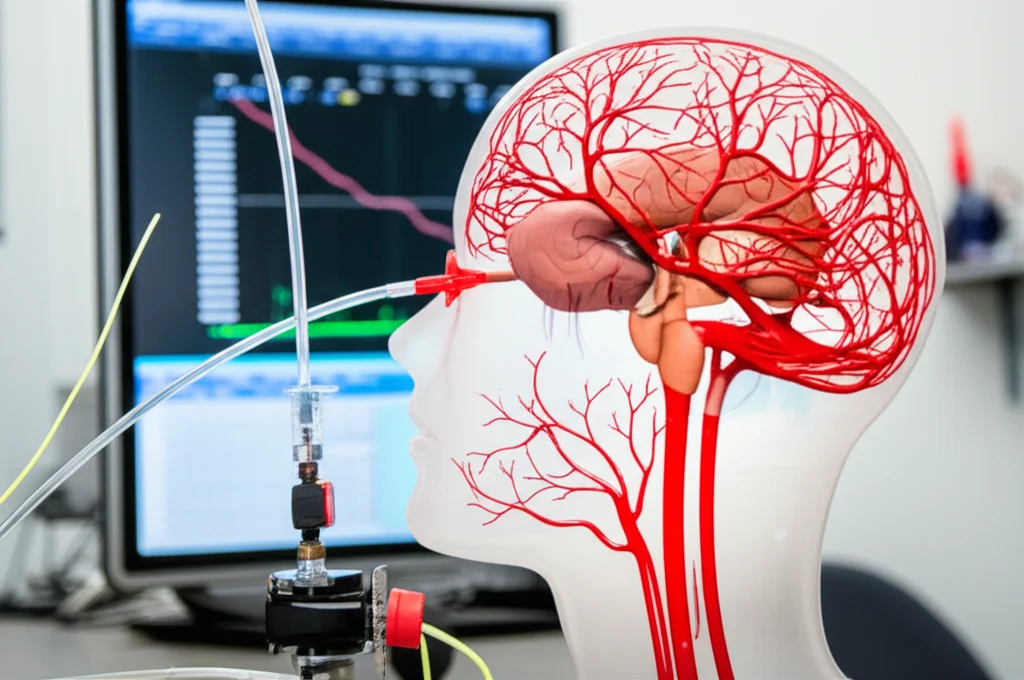 Setup di laboratorio con un modello 3D trasparente del sistema venoso cerebrale collegato a tubi e pompe. Un catetere sottile per la manometria è visibile all'interno del modello. Schermo in background mostra grafici di pressione. Obiettivo 60mm macro, alta definizione, illuminazione da laboratorio controllata.