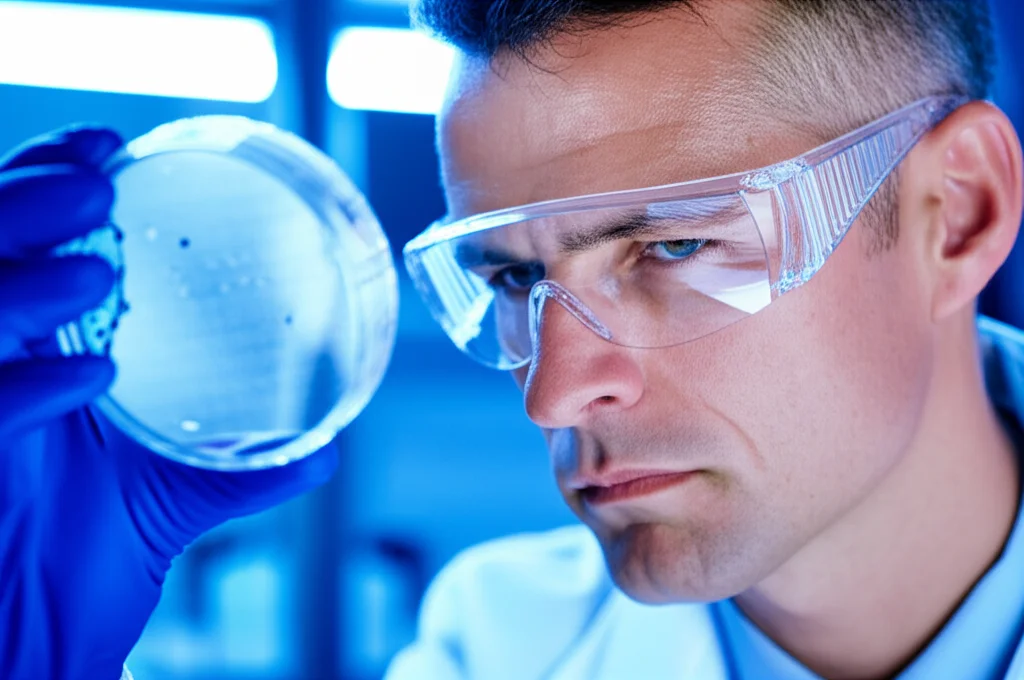 Primo piano di un ricercatore scientifico che indossa occhiali protettivi mentre esamina attentamente una piastra di Petri sotto una luce da laboratorio controllata, obiettivo macro 100mm, alta definizione dei dettagli biologici, sfondo sfocato del laboratorio.