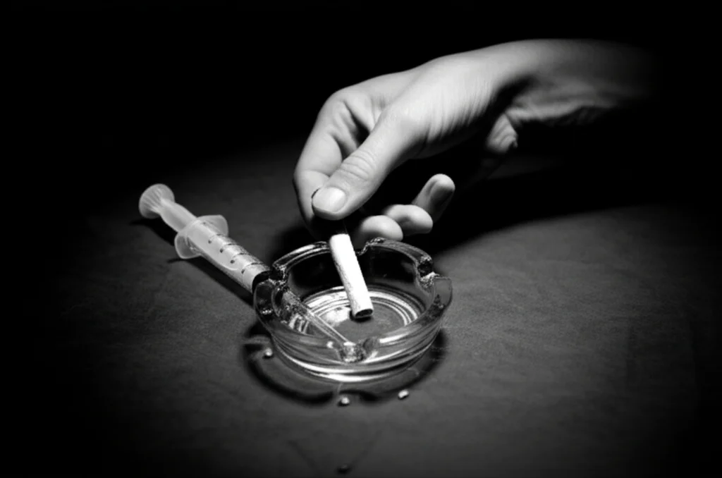 Fotografia concettuale in bianco e nero, stile film noir, di una mano che spegne una sigaretta in un posacenere accanto a una siringa medica vuota, obiettivo prime 35mm, forte contrasto e ombre profonde.