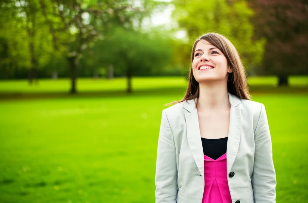 Ritratto di una persona che respira profondamente aria fresca in un parco verde e soleggiato, obiettivo prime 50mm, profondità di campo ridotta per mettere a fuoco la persona, luce naturale calda, colori vivaci.