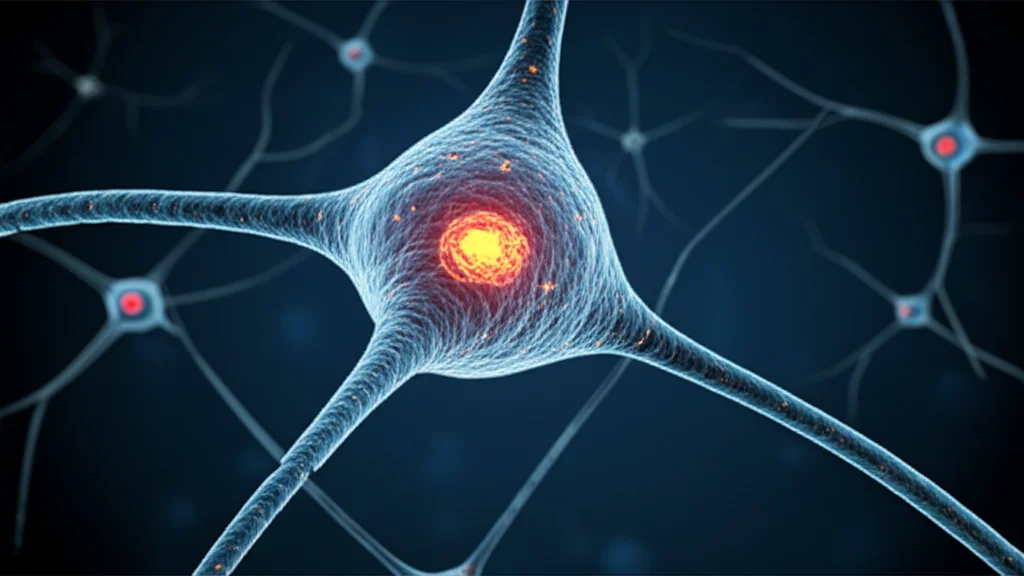 Illustrazione concettuale, macro lens 60mm, che mostra neuroni sani e neuroni con segni di danno mitocondriale, rappresentando il potenziale doppio effetto della terapia NUC sul cervello, alta definizione, illuminazione controllata.