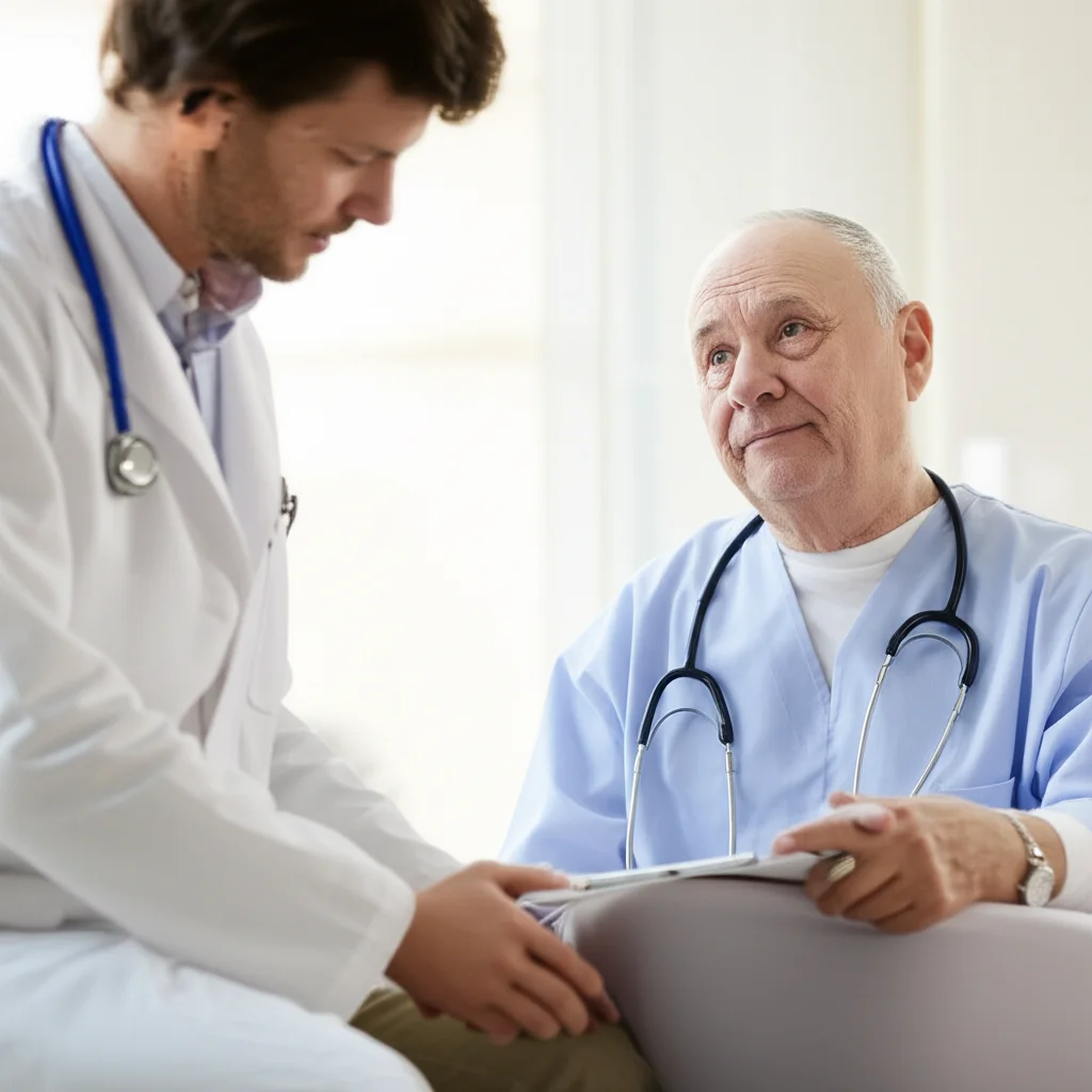 Un medico geriatra esamina con attenzione i risultati di un test cognitivo (AMTS) con un residente anziano in una stanza tranquilla di una RSA, obiettivo 35mm, luce naturale morbida, profondità di campo.