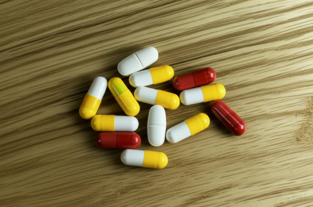 Macro fotografia di diverse pillole colorate sparse su un tavolo di legno chiaro, obiettivo macro 100mm, alta definizione, illuminazione controllata per evidenziare le texture.