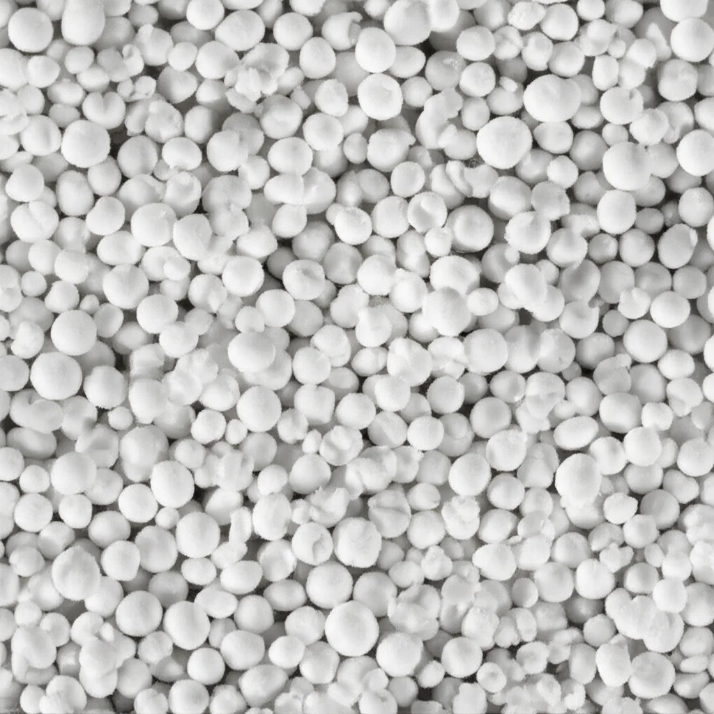 Macro fotografia di granuli porosi bianchi di un adsorbente solido a base di silice impregnato con ammine, illuminazione da studio controllata per evidenziare la texture porosa e la superficie, obiettivo macro 90mm, alta definizione, sfondo neutro.