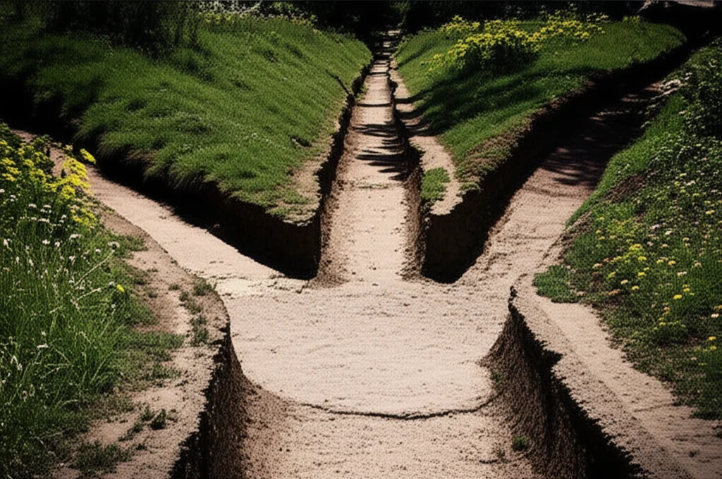 Fotografia realistica di un bivio in un sentiero scolastico, una strada larga e asfaltata per pochi studenti privilegiati, un sentiero stretto e accidentato per molti altri, simboleggiando la disuguaglianza educativa. Obiettivo grandangolare 24mm, luce naturale soffusa, profondità di campo.