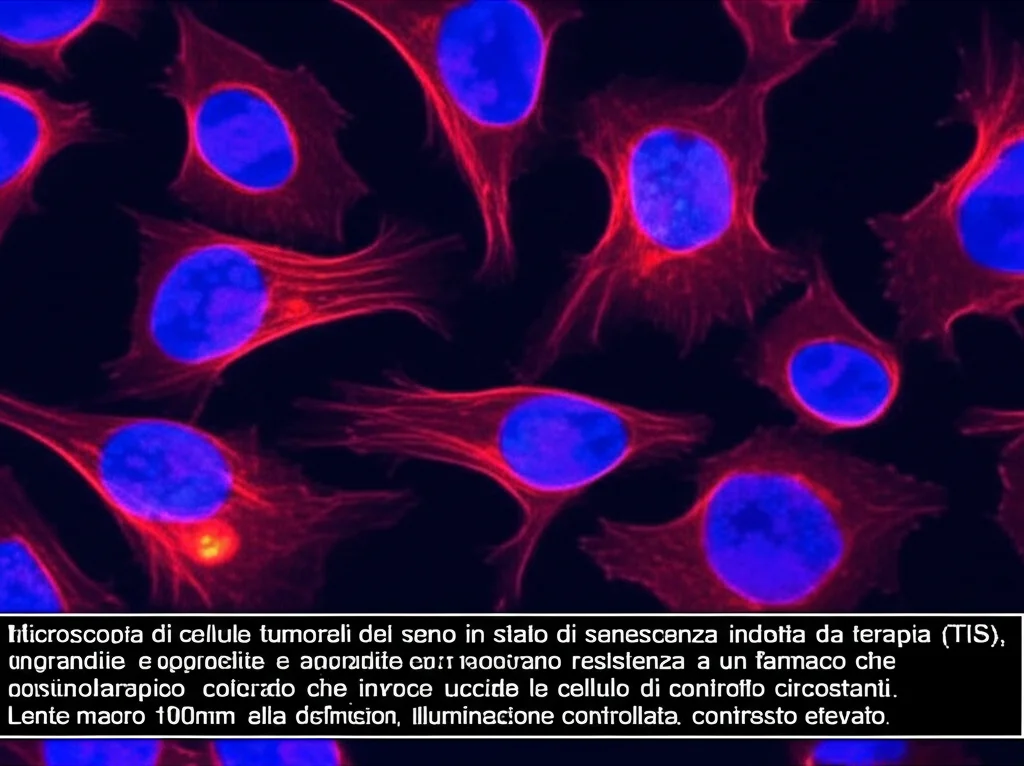 Microscopia di cellule tumorali del seno in stato di senescenza indotta da terapia (TIS), ingrandite e appiattite, che mostrano resistenza a un farmaco chemioterapico colorato in rosso che invece uccide le cellule di controllo circostanti. Lente macro 100mm, alta definizione, illuminazione controllata, contrasto elevato.