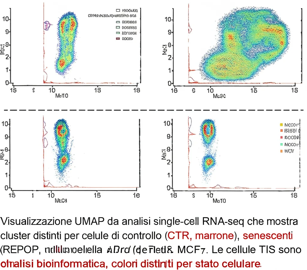 Visualizzazione UMAP da analisi single-cell RNA-seq che mostra cluster distinti per cellule di controllo (CTR, marrone), senescenti (TIS, rosso) e ripopolanti (REPOP, beige) della linea MCF7. Le cellule TIS sono chiaramente separate. Analisi bioinformatica, colori distinti per stato cellulare.