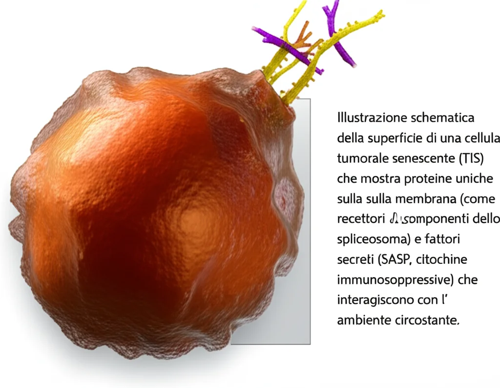 Illustrazione schematica della superficie di una cellula tumorale senescente (TIS) che mostra proteine uniche sulla membrana (come recettori alterati, componenti dello spliceosoma) e fattori secreti (SASP, citochine immunosoppressive) che interagiscono con l'ambiente circostante. Modello 3D scientifico, alta definizione, etichette indicative.