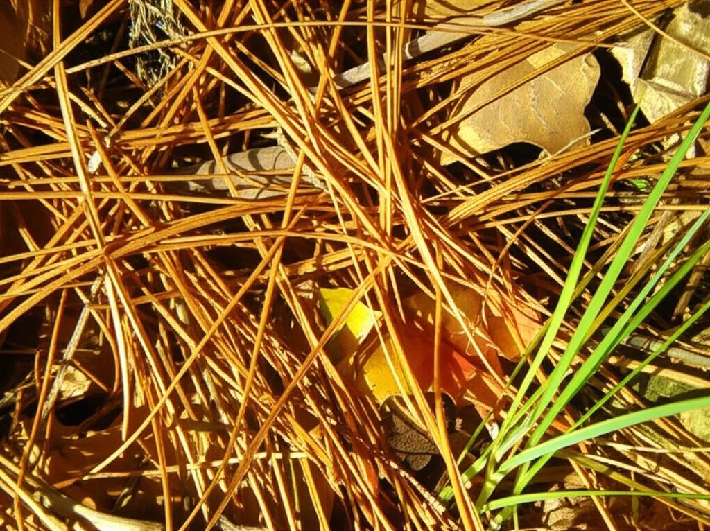 Macro fotografia di diversi tipi di combustibile sul suolo di una foresta: aghi di pino secchi, foglie cadute, piccoli ramoscelli e qualche ciuffo d'erba verde. Obiettivo macro 100mm, alta definizione, messa a fuoco precisa su alcuni elementi in primo piano, illuminazione controllata che evidenzia le texture.