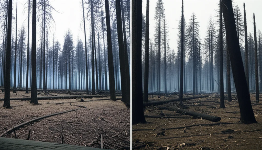 Fotografia scattata con obiettivo da 35mm che mostra due aree forestali adiacenti dopo un incendio. A sinistra, un'area trattata con diradamento e incendio prescritto mostra alberi prevalentemente sopravvissuti con tronchi anneriti alla base e suolo meno bruciato. A destra, un'area non trattata mostra alberi più fitti, molti dei quali morti e carbonizzati, con segni di un fuoco di chioma. Profondità di campo utilizzata per mantenere a fuoco entrambe le aree, luce naturale pomeridiana.