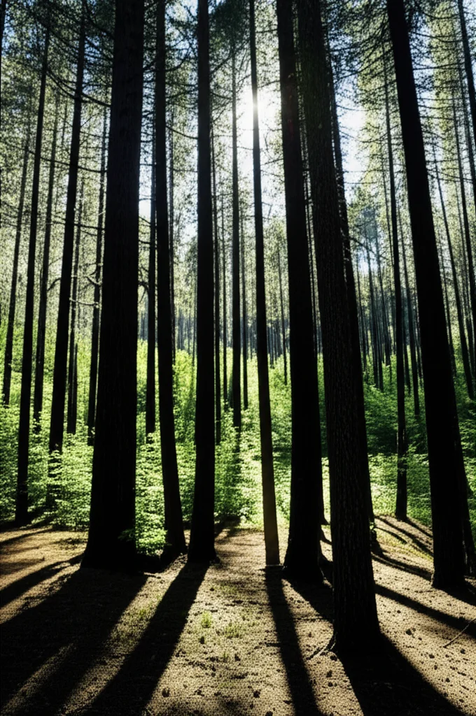 Paesaggio forestale ripreso con obiettivo grandangolare da 24mm dopo un incendio di bassa-moderata severità. Si vede un mosaico di aree bruciate e aree intatte, con molti alberi verdi sopravvissuti accanto ad alberi con tronchi anneriti. Il sole filtra tra i rami, illuminando chiazze di terreno e creando un'atmosfera di resilienza e recupero.