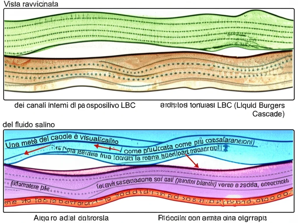 Vista ravvicinata, stile macrofotografia con obiettivo 90mm, dei canali interni di un dispositivo LBC (Liquid Burgers Cascade). Si vedono chiaramente i percorsi tortuosi del fluido salino. Una metà del canale è visualizzata come più calda (sfumature rosse/arancioni) e l'altra più fredda (sfumature blu). Frecce sottili indicano la migrazione dei sali (puntini bianchi) verso la zona fredda, creando una separazione visibile tra acqua dissalata e salamoia concentrata. Illuminazione controllata per evidenziare i dettagli, alta definizione.