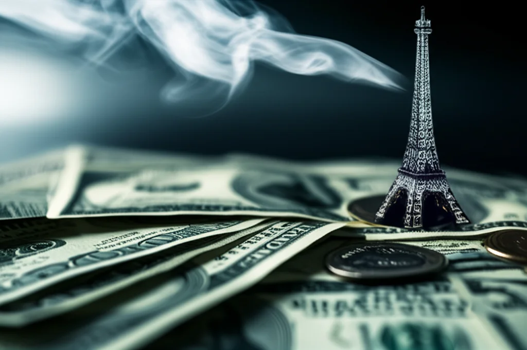 Fotografia macro di monete e banconote americane sovrapposte a una ciminiera fumante in lontananza, illuminazione controllata, alta definizione, obiettivo macro 100mm, a simboleggiare il legame tra finanza ed emissioni.