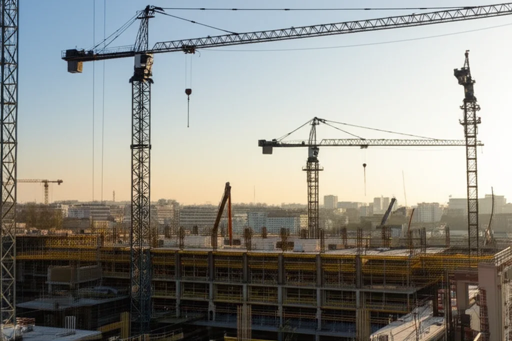 Fotografia grandangolare 24mm di un cantiere edile con gru e macchinari pesanti sotto un cielo leggermente inquinato, luce del tardo pomeriggio, focus nitido, a rappresentare gli investimenti industriali finanziati da prestiti aziendali.
