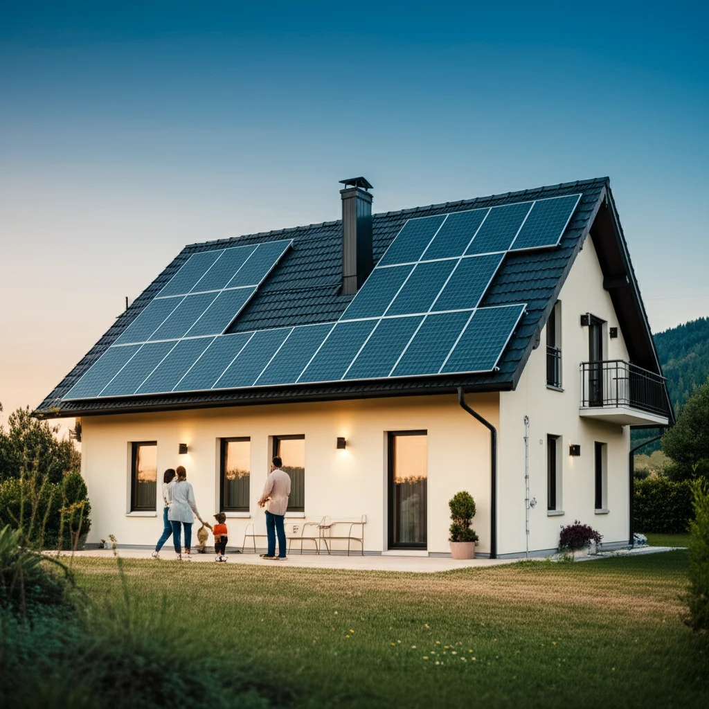 Ritratto 35mm di una famiglia sorridente davanti a una casa con pannelli solari sul tetto, luce naturale morbida, profondità di campo che sfoca leggermente lo sfondo, colori caldi, per illustrare l'uso sostenibile dei prestiti familiari.