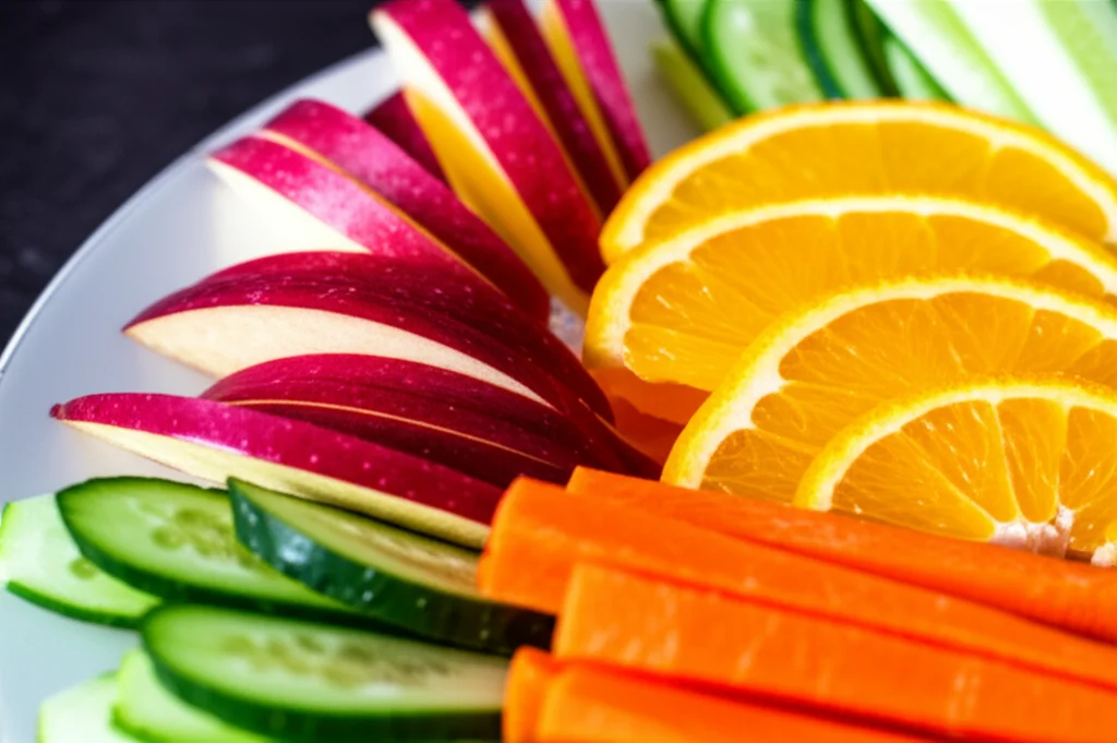 Fotografia macro di un piatto colorato con frutta fresca e verdura tagliata, come mele, arance, carote e cetrioli, illuminazione controllata laterale per evidenziare i dettagli e la freschezza, obiettivo macro 90mm, alta definizione, sfondo sfocato.