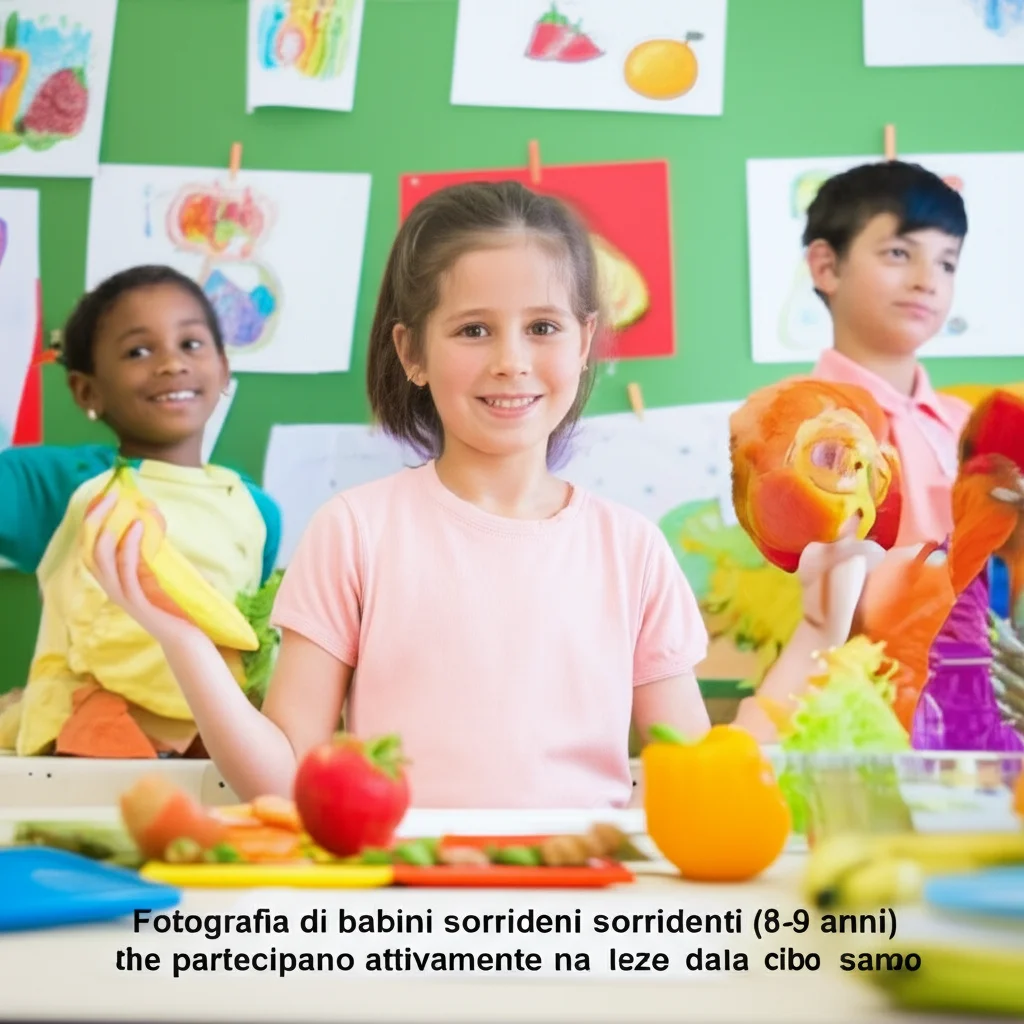 Fotografia di bambini sorridenti (8-9 anni) che partecipano attivamente a una lezione in classe su cibo sano, con disegni colorati di frutta e verdura appesi alle pareti. Obiettivo prime 35mm, luce naturale dalla finestra, profondità di campo media, colori vivaci e atmosfera positiva.