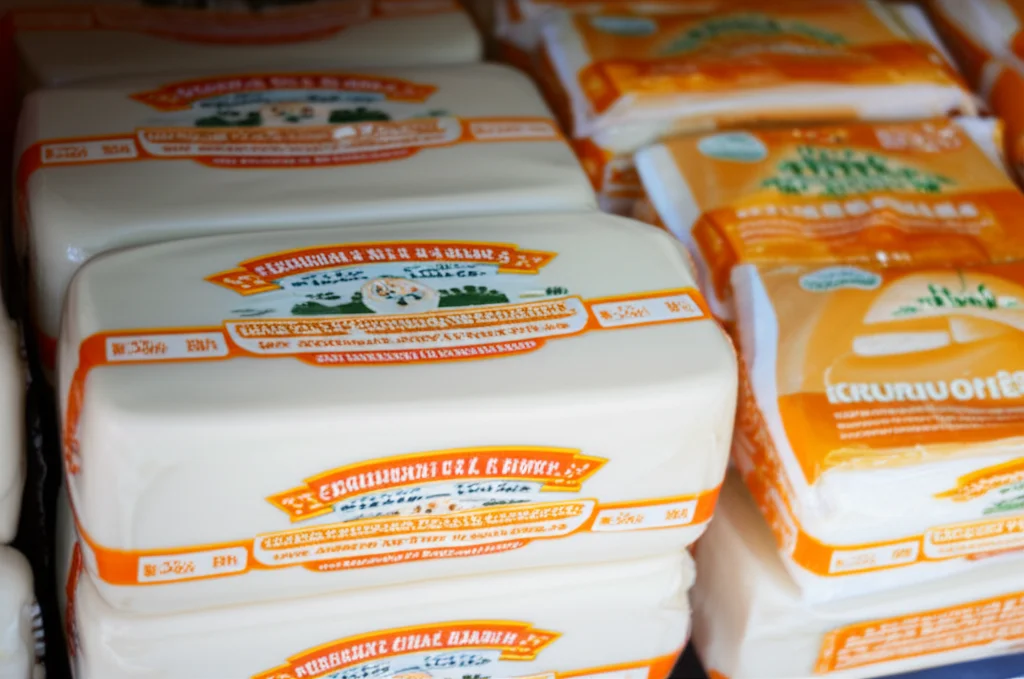 Formaggio Erzurum civil cheese confezionato ed esposto in vendita in un negozio locale a Erzurum. Primo piano sulle etichette, alcune con loghi aziendali ma senza il logo IGP ufficiale. Obiettivo 50mm, luce naturale da vetrina, profondità di campo media.