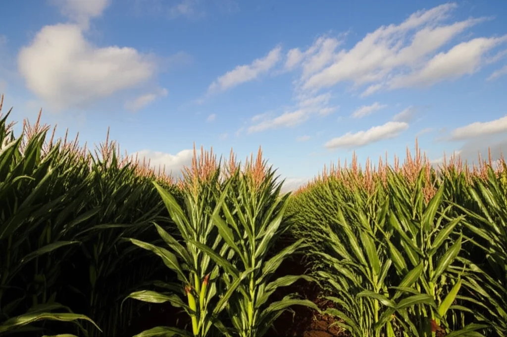 Campo sperimentale di mais con file ordinate di diverse varietà sotto un cielo parzialmente nuvoloso, obiettivo grandangolare 20mm, messa a fuoco nitida sull'intera scena, luce naturale del tardo mattino, che evidenzia la diversità genetica e le condizioni di crescita in campo aperto rilevanti per lo studio dei metaboliti.