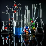 Photorealistic still life image showcasing chemical glassware and molecular models representing organofluorine synthesis, macro lens, 100mm, high detail, controlled lighting.