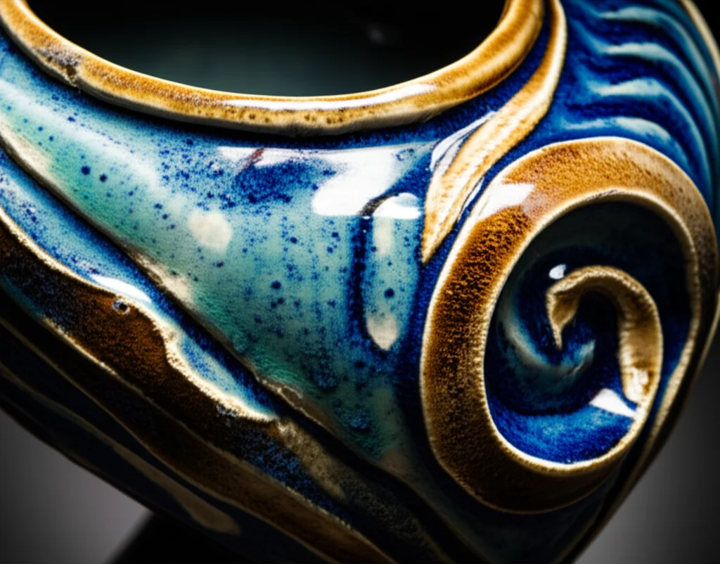 A macro lens shot at 60mm of a beautifully crafted ceramic piece, showcasing high detail and precise focusing under controlled lighting.
