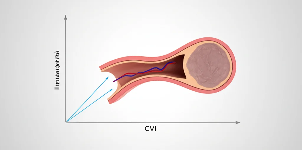 Illustrazione medica fotorealistica che mostra un'arteria carotide con segni iniziali di aterosclerosi subclinica (ispessimento parete) accanto a una rappresentazione grafica dell'indice CVAI, simboleggiando la correlazione nel diabete di tipo 1. Illuminazione da studio focalizzata, sfondo neutro, obiettivo 50mm per dettaglio equilibrato.