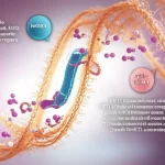 Immagine concettuale fotorealistica del microambiente tumorale del fegato, con cellule di epatocarcinoma (HCC) in attiva proliferazione e alcune che iniziano a migrare. In primo piano, una rappresentazione artistica e ingrandita del lncRNA PVT1 (filamento complesso e luminoso) che interagisce come una spugna con piccole molecole di microRNA (miR-186-5p e miR-143-3p, colorate diversamente), mentre sullo sfondo si intravedono le proteine Smad6 e NRG1 aumentate. Prime lens, 35mm, depth of field accentuata per isolare l'interazione molecolare, illuminazione drammatica con toni caldi e freddi contrastanti per evidenziare la complessità biologica.